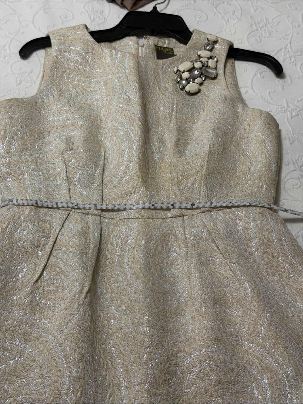 Taylor Ivory Brocade Mini Dress with Shoulder Jewel Accent - Picture 7 of 9